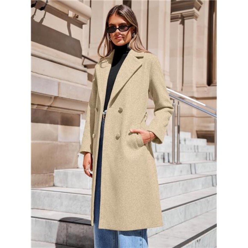 Women's Winter Lapel Collar Pea Coat Double Breasted Long Overcoat Trench Coat - Picture 4 of 7